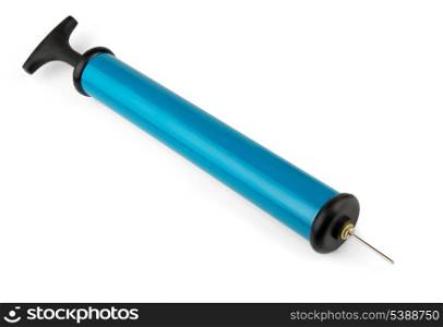 Blue plastic hand air pump isolated on white