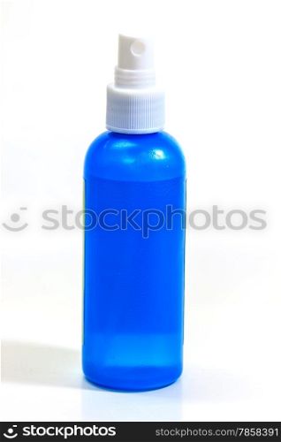 Blue plastic spray bottle isolated on white background