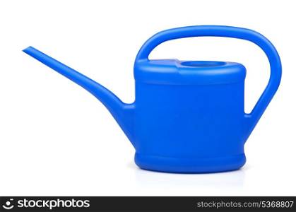 Blue plastic watering can on white