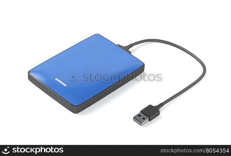Blue portable hard drive on white background