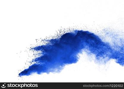 Blue powder explosion isolated on white background.
