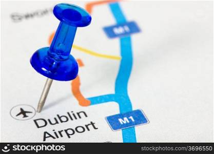 Blue pushpin on the map showing Dublin airport location