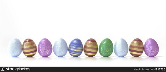 Blue, Red, green, cyan and pink colored Easter eggs balanced on its blunt end on white background with wide copy space