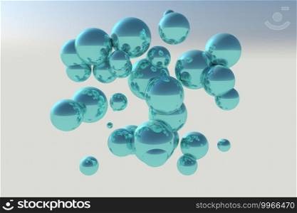 Blue reflecting spheres floating in space, 3d rendering
