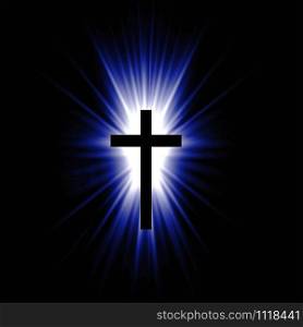 Blue religioush cross with sun rays shine on the dark background illustration