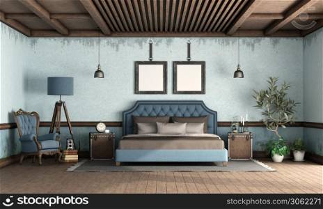 Blue retro bedroom with classic style double bed, old armchair and floor lamp - 3d rendering. Blue retro bedroom with classic style double bed