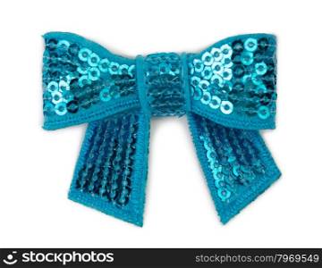 Blue ribbon with bow with rhinestones isolated on white