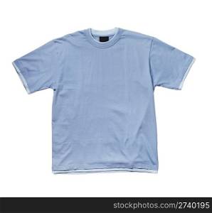 Blue ringer t-shirt isolated on white with natural shadows.