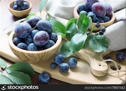 Blue ripe plums in different wooden bowls