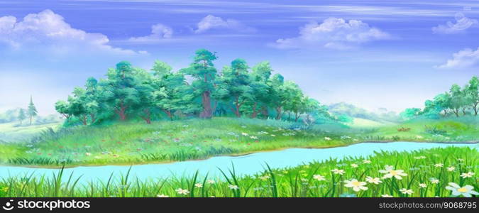 Blue river near a green forest on a sunny summer day. Digital Painting Background, Illustration.. River near the forest landscape illustration