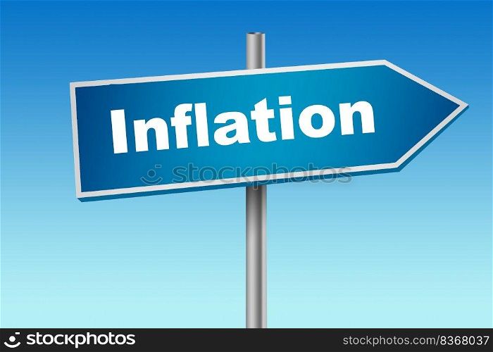 Blue road sign with inflation word, 3d rendering