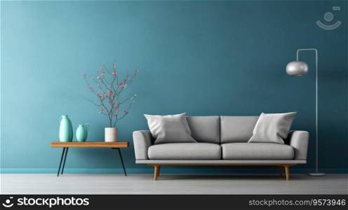 Blue room with a grey sofa, white chair and table, in the style of minimalist.