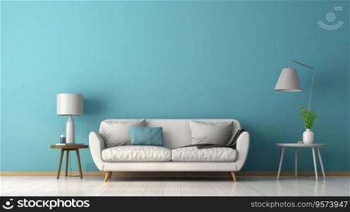 Blue room with a grey sofa, white chair and table, in the style of minimalist.