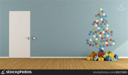 Blue room with christmas tree made with colorful dots on wall , gift box and closed door - 3d rendering