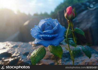 Blue rose after rain. Floral beauty. Generate Ai. Blue rose after rain. Generate Ai