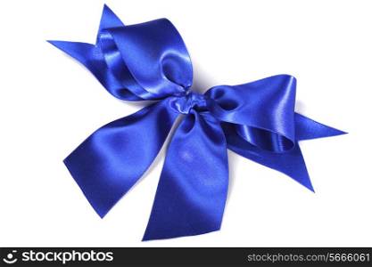 Blue satin bow ribbon on white