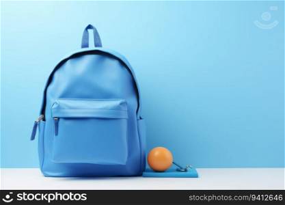 Blue school backpack and orange ball on a blue background. 3d rendering