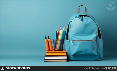 Blue School Bag with Books and Accessories. Ge≠rative ai. High quality illustration. Blue School Bag with Books and Accessories. Ge≠rative ai