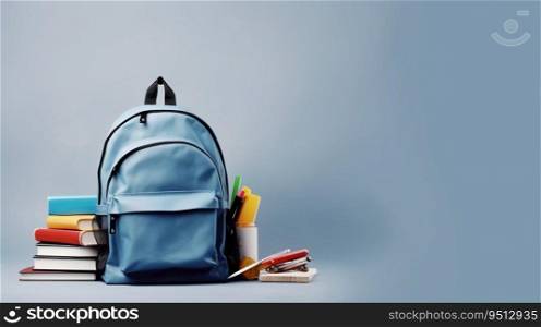 Blue School Bag with Books and Accessories. Generative ai. High quality illustration. Blue School Bag with Books and Accessories. Generative ai