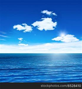 Blue sea and sky with sun. Blue sea and sky with sun. Sea summer shot. Blue sea and sky with sun