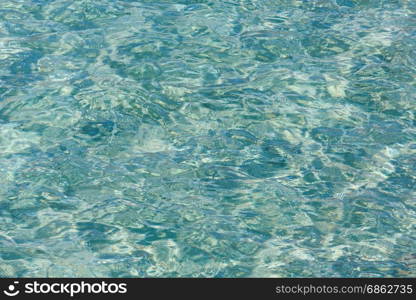 Blue sea flowing water surface with waves and sun glitters. Abstract background pattern.