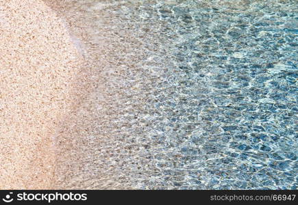 Blue sea ripple flowing water surface with waves on small beach. Nature background pattern.