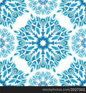 Blue seamless ornamental watercolor pattern hand drawn snowflake. Ceramic tile arabesque design. Blue seamless ornamental watercolor pattern hand drawn snowflake