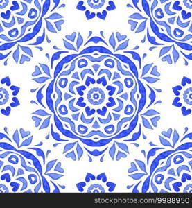Blue seamless ornamental watercolor tiled pattern hand drawn graphic. Elegant luxury texture for wallpapers, backgrounds and page fill