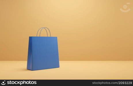 Blue shopping bag on brown background. 3d illustration