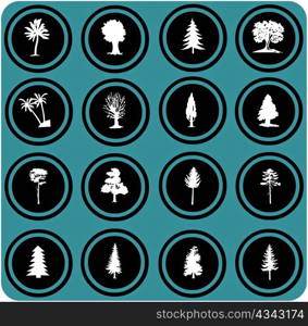 blue signs. illustration of tree silhouettes. tree icons
