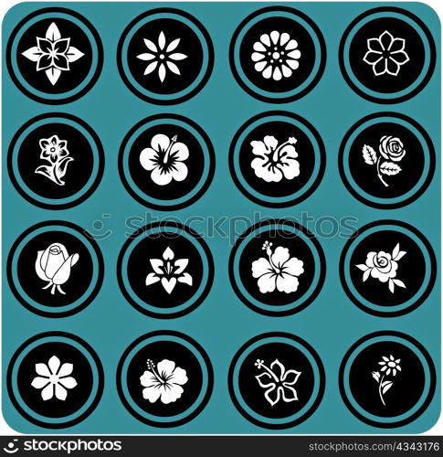 blue signs. silhouettes of flowers set. flowers icons.