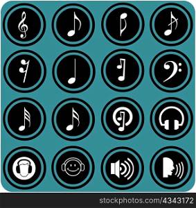 blue signs. Various musical notes. simple music icons
