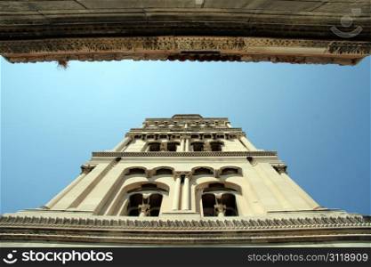 Blue sky and bell tower in the center of Split, Croatia