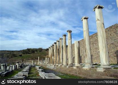 Blue sky and columns in Asklepion, Bergama, Turkey