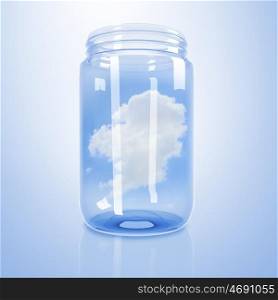 Blue sky and white cloud inside a glass jar