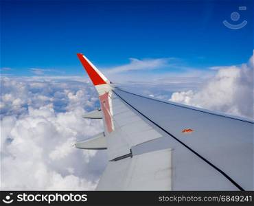 Blue sky, clouds with Wing of an airplane