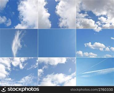 Blue sky collage. Collage of nine different blue skies with white clouds