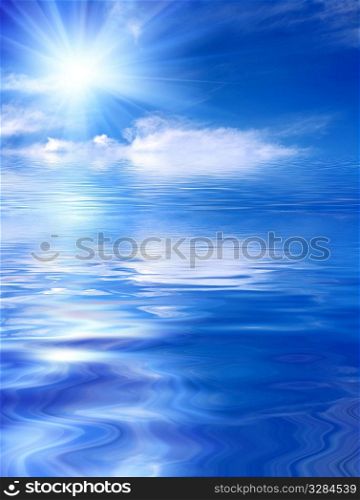 blue sky covered with clouds and sun and reflection in water
