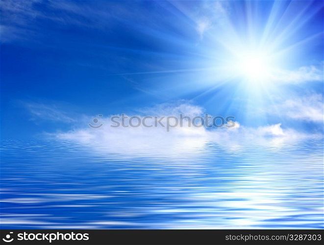 blue sky covered with clouds and sun and reflection in water