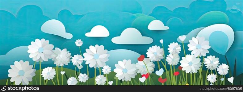 Blue sky, flowers and clouds depicting a scene of Spring. Generative AI