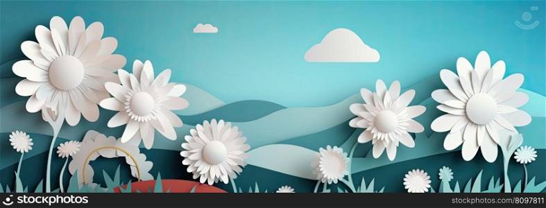 Blue sky, flowers and clouds depicting a scene of Spring. Generative AI