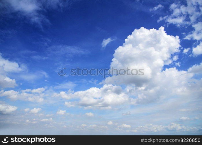 Blue sky fluffy white clouds on summer season bright clear skyline with beautiful cloudscape. Panorama blue sky clouds pattern on daylight with copy space. Cumulus cloudscape air climate sunny day