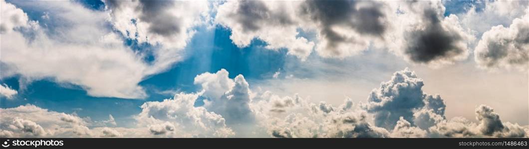 Blue sky panorama with cumulus clouds during summer day background. Blue sky panorama with cumulus clouds during summer day