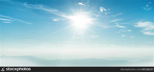 Blue sky panorama with shining sun. Blue sky panorama with shining sun rays