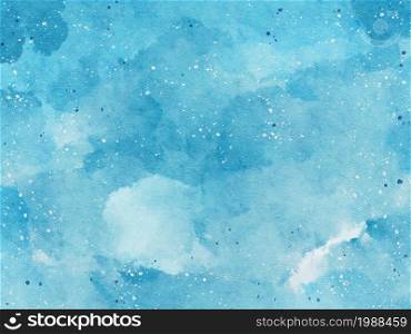 Blue sky watercolour paint with random splash white and dark blue spotted on paper, illustration design greeting or invitation card template with copy space for Winter holidays.Xmas day,New year