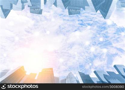 Blue sky with cloud in sunset light with modern city and wireless communication network. Internet of Things and ICT Information Communication Technology concept. Blue tone.