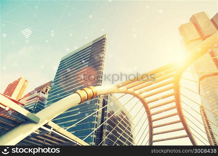 Blue sky with cloud in sunset light with modern city and wireless communication network. Internet of Things and ICT Information Communication Technology Concept. Vintage tone filtered.