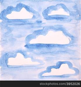 Blue sky with clouds. Watercolor painting