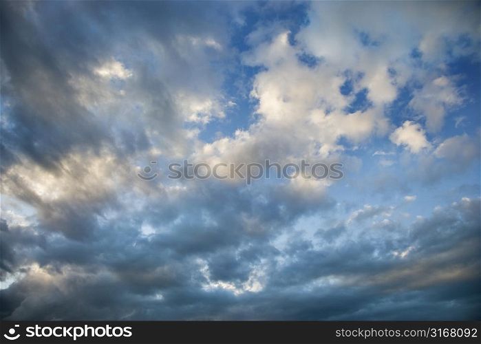 Blue sky with dense cumulus clouds.