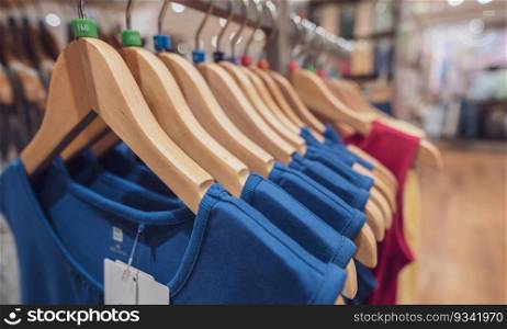 Blue sleeveless shirt on wooden hanger hanging on rack in clothing store for sale. Fashion retail shop inside shopping center. Clothes on hangers in a clothes shop. Fashion business. Textile industry.